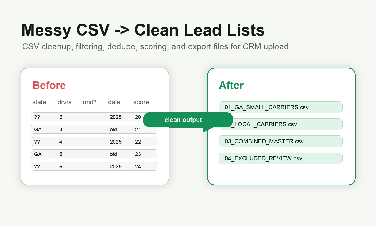 Before and after CSV cleanup showing messy rows converted to clean output files